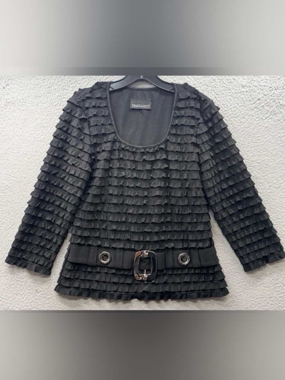 Frank Lyman Ruffle Top 14 Buckle Button Black Gold Feminine Dressy Vintage